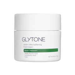 GLYTONE AHA+ foot cream pump bottle; easy application for exfoliation and hydration.