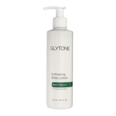 Glytone Exfoliating Body Lotion bottle closeup shows 17.5% glycolic acid for smoother skin.