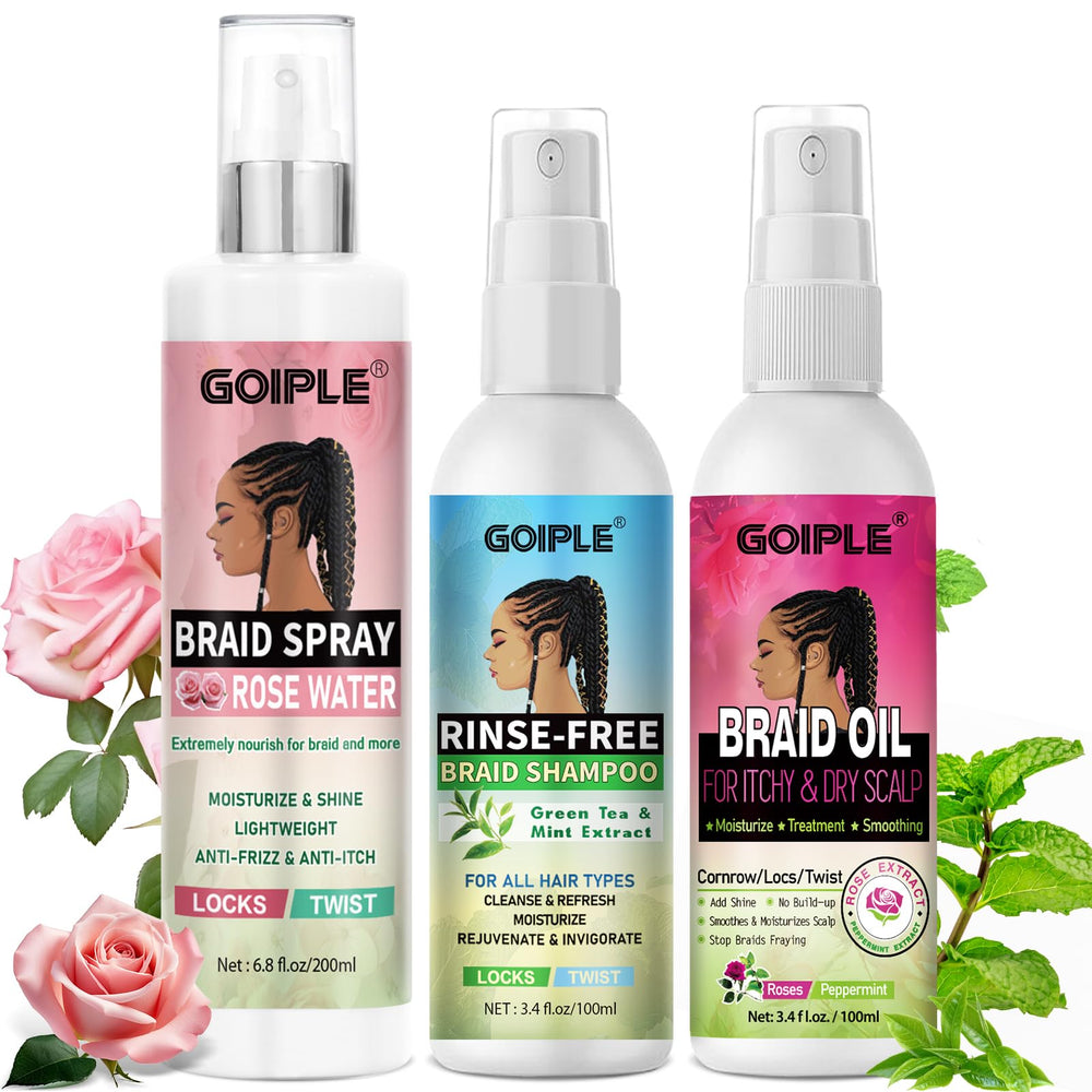 Goiple Braid Spray Rose Mint bottle-pour demonstrates quick hydration for locs.