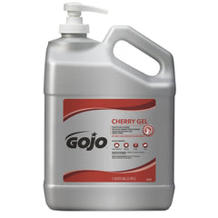GOJO Cherry Gel Pumice Hand Cleaner bottle pour shows heavy duty cleaning for grease and tar.