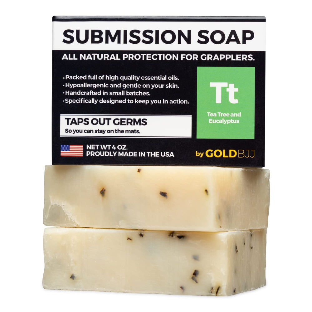 Gold BJJ Tea Tree Soap pack—USA-made bars for gym showers.