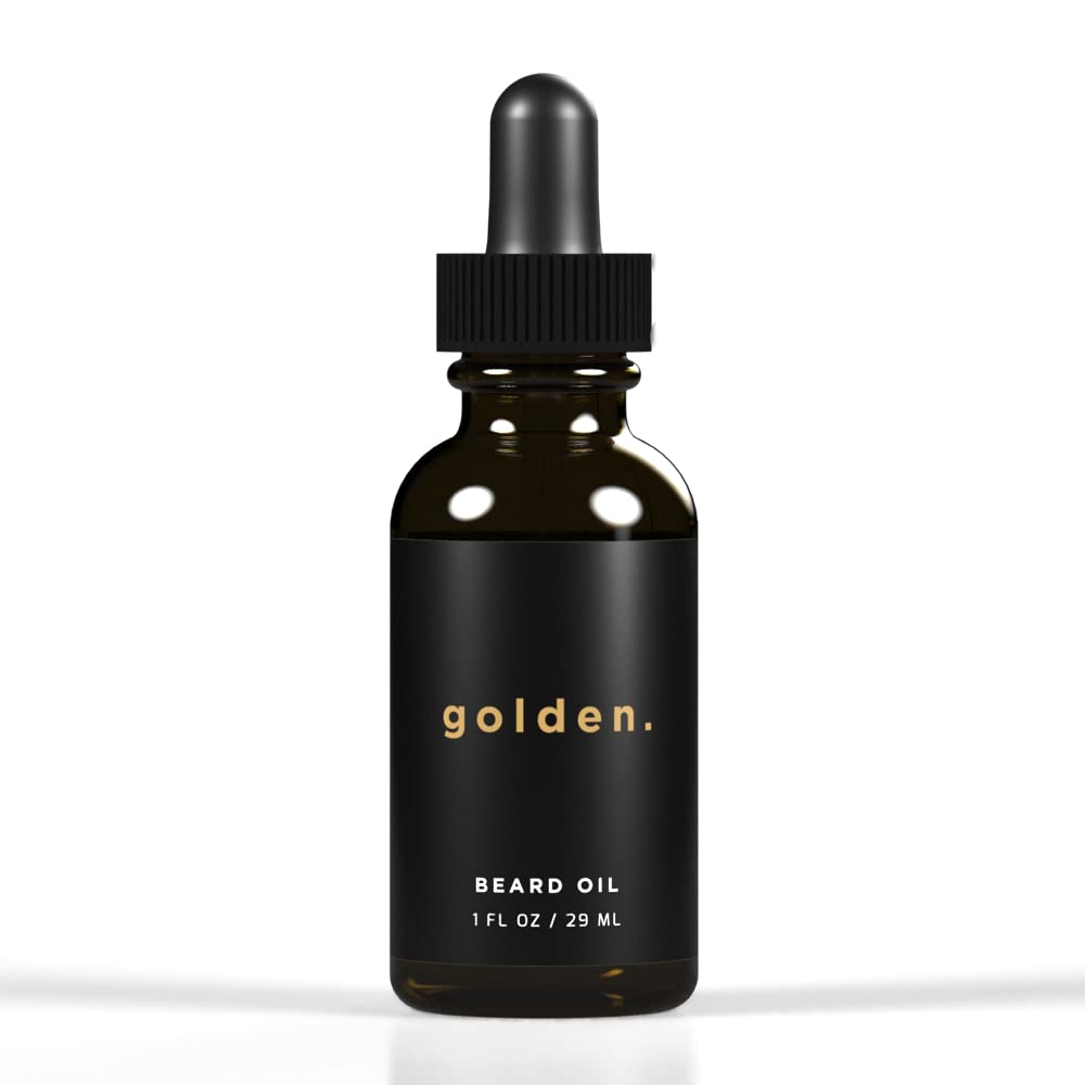 Golden Grooming Beard Oil bottle pour shows lightweight hydration for daily conditioning.