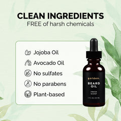 Golden Grooming Beard Oil ingredients sheet highlights nourishing shea butter, coconut oil, and jojoba oils.