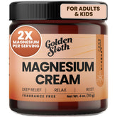 Golden Sloth magnesium cream jar sleep-relief formula for restful nights.