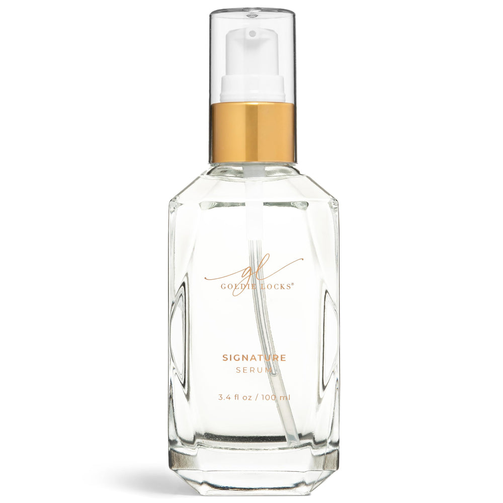 Goldie Locks Signature Serum bottle with pump for quick anti-frizz shine.