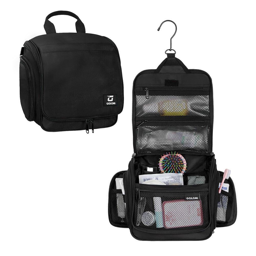 Goloni hanging toiletry bag closed, showcasing compact travel organization.