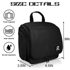 Goloni hanging toiletry bag open with 10 compartments for easy access.