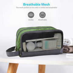 Gonex olive green toiletry organizer interior shows breathable mesh for visibility and airflow.
