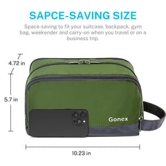 Gonex travel toiletry bag olive green side pocket demonstrates extra storage and quick access.