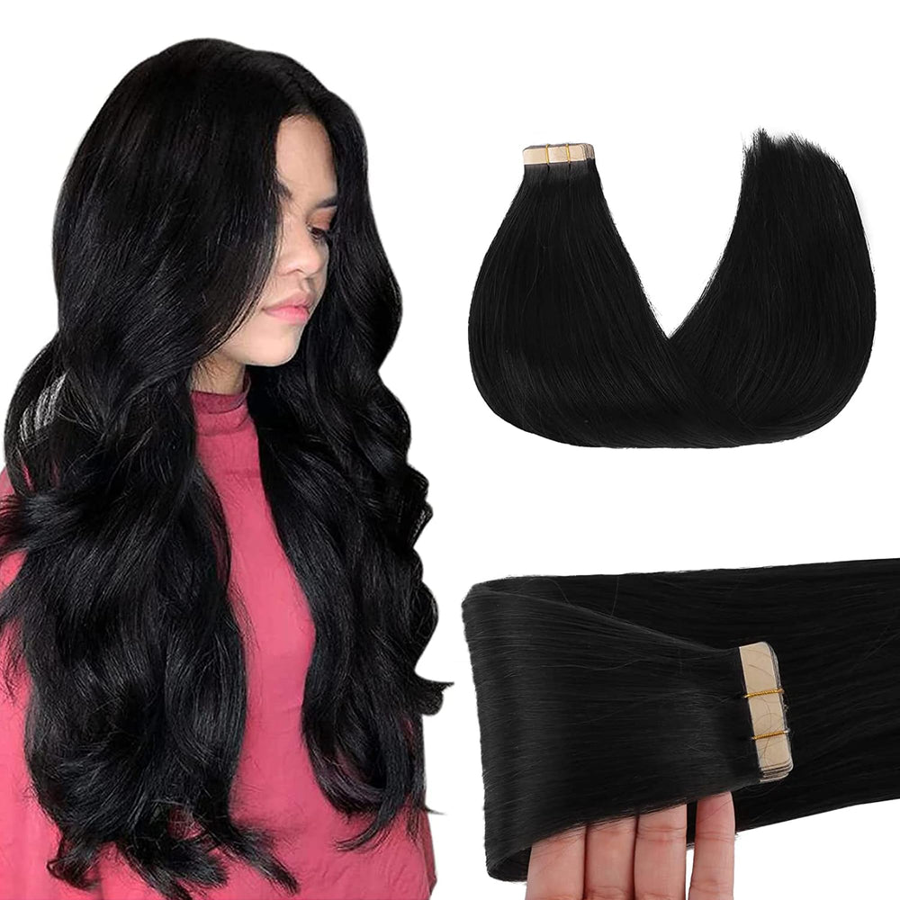 GOO GOO jet black tape-in extensions, 20in, 50g, 20pcs for seamless length and natural blend.