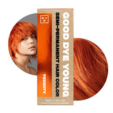 Good Dye Young Copper Orange hair dye packaging shows vibrant color preview for inspiration.