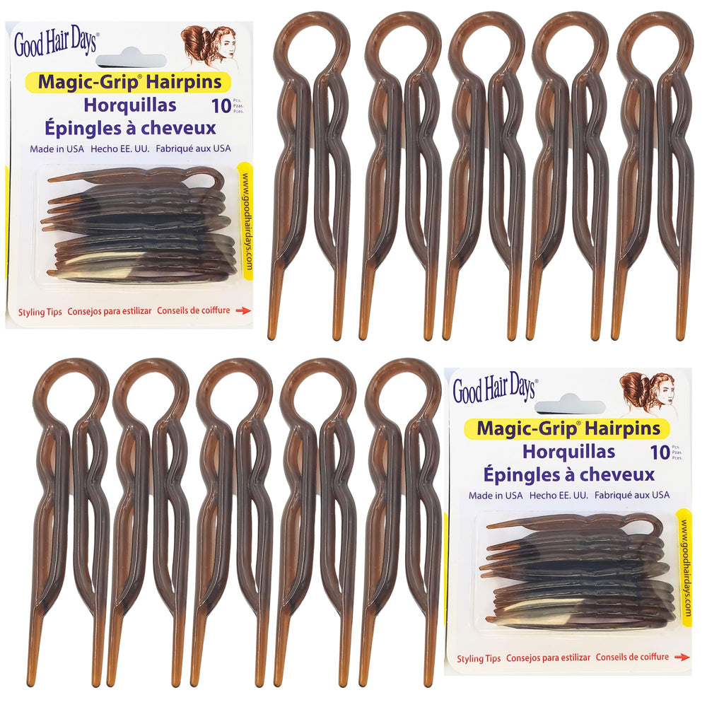 Good Hair Days tortoise shell hair pin close-up with strong U-shaped grip for secure hold.