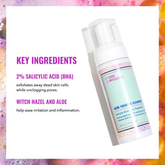 Good Molecules Acne Foaming Cleanser ingredients panel highlighting two-percent salicylic acid benefits.