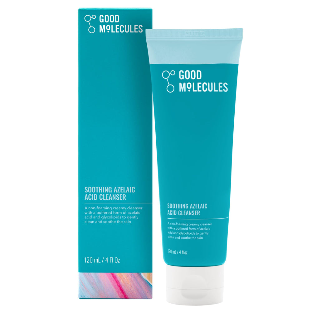 Good Molecules Soothing Azelaic Acid Cleanser packaging shows a gentle daily cleanse for sensitive skin.