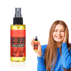 Goodscious Walker Tape C22 spray bottle demonstrates fast-acting adhesive remover for easy styling changes.