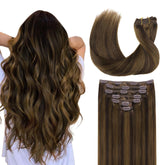 GOO GOO clip-in hair extensions in real human hair blend for natural volume.