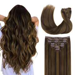 GOO GOO clip-in hair extensions in real human hair blend for natural volume.