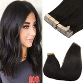 GOO GOO tape-in extensions in Remy hair provide natural black blend for long-lasting fullness.