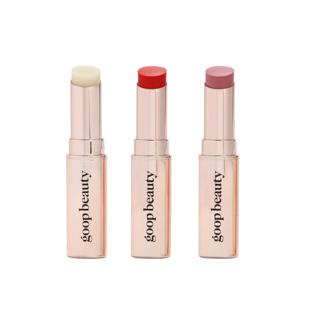Goop lip balm trio box showcasing chic packaging for a hydrating lip routine.