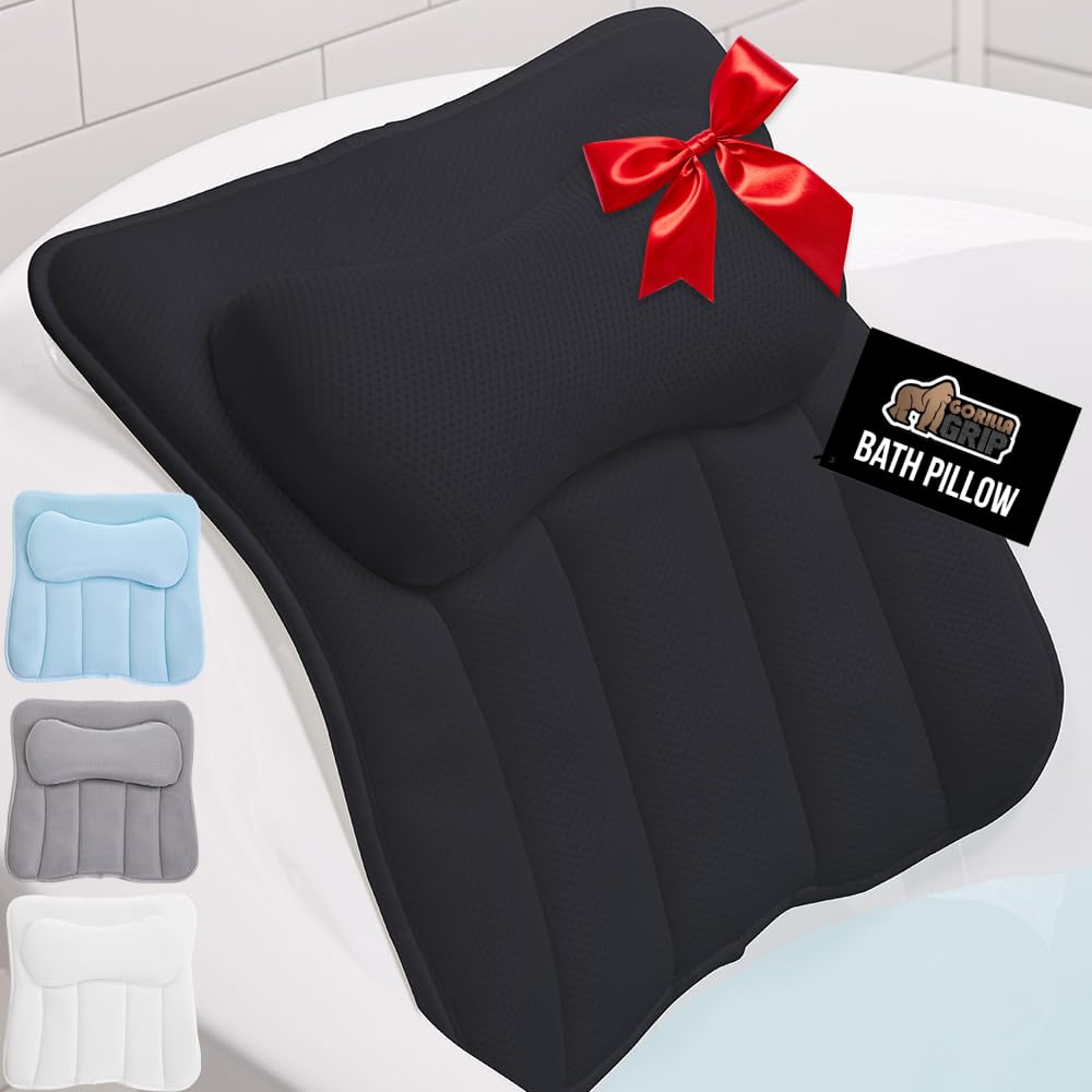 GORILLA GRIP bath pillow with suction cups grips tub surface for secure soaks.