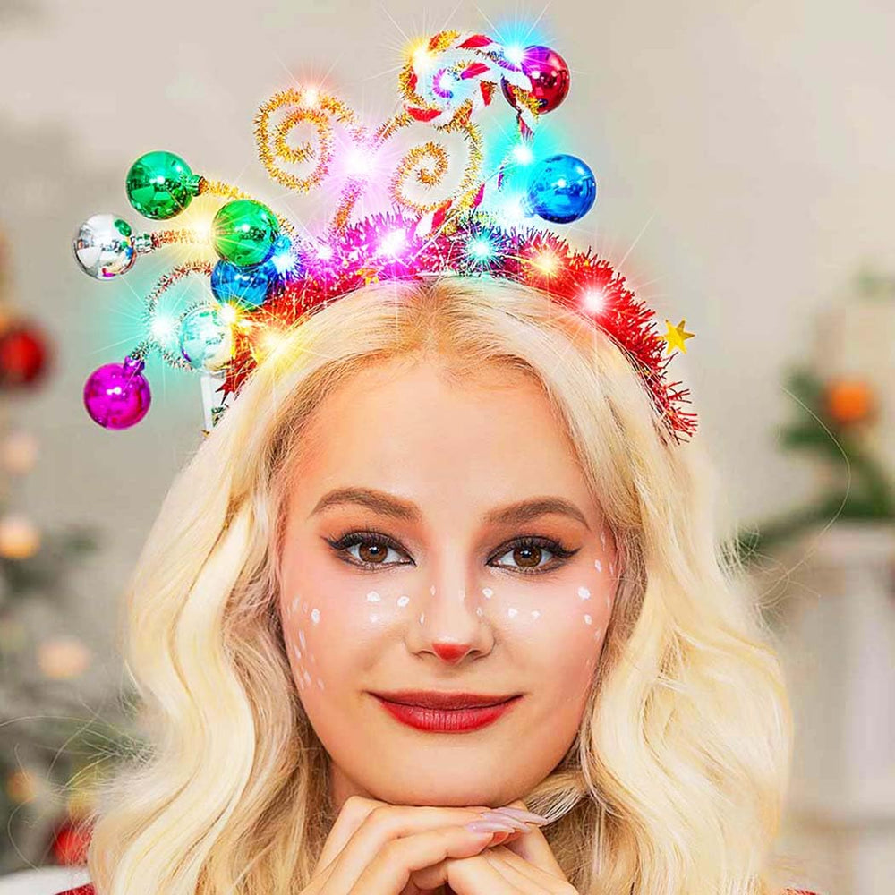 GORTIN light-up Christmas ball headband with colorful ornaments for festive party flair.