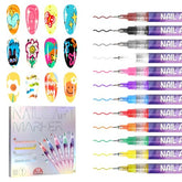 Gorvalin Fine Tips 3D Nail Art Pens swatches in 12 vivid colors for detailed designs.