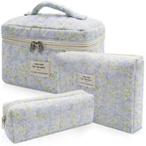 Gosect 3pc makeup bag set large with quilted floral design for organized travel.