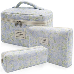 Gosect 3pc makeup bag set large with quilted floral design for organized travel.