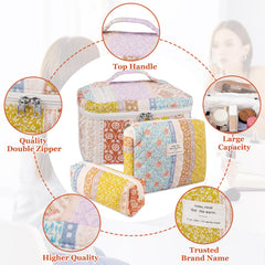 Gosect cotton quilted makeup bag with floral pattern and reinforced seams.