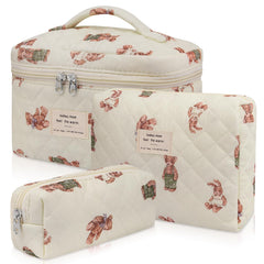 Gosect floral quilted makeup bag set with white bear pattern, ideal for travel organization.