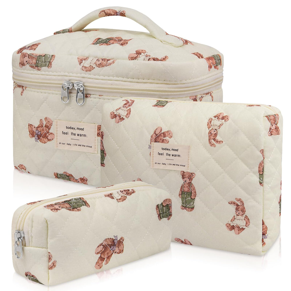 Gosect floral quilted makeup bag White Bear—compact cosmetics organizer for travel.