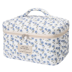 Gosect large makeup bag front view with blue peacock floral pattern for travel organization