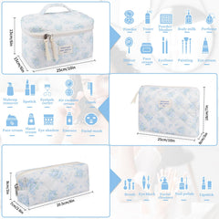 Gosect makeup bag blue rose open showing multiple compartments for easy access