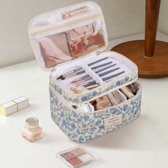 Gosect makeup bag cotton material closeup highlights easy-to-clean fabric.