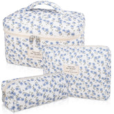 Gosect makeup bag set floral pattern front shows vibrant blue peacock blooms for stylish travel