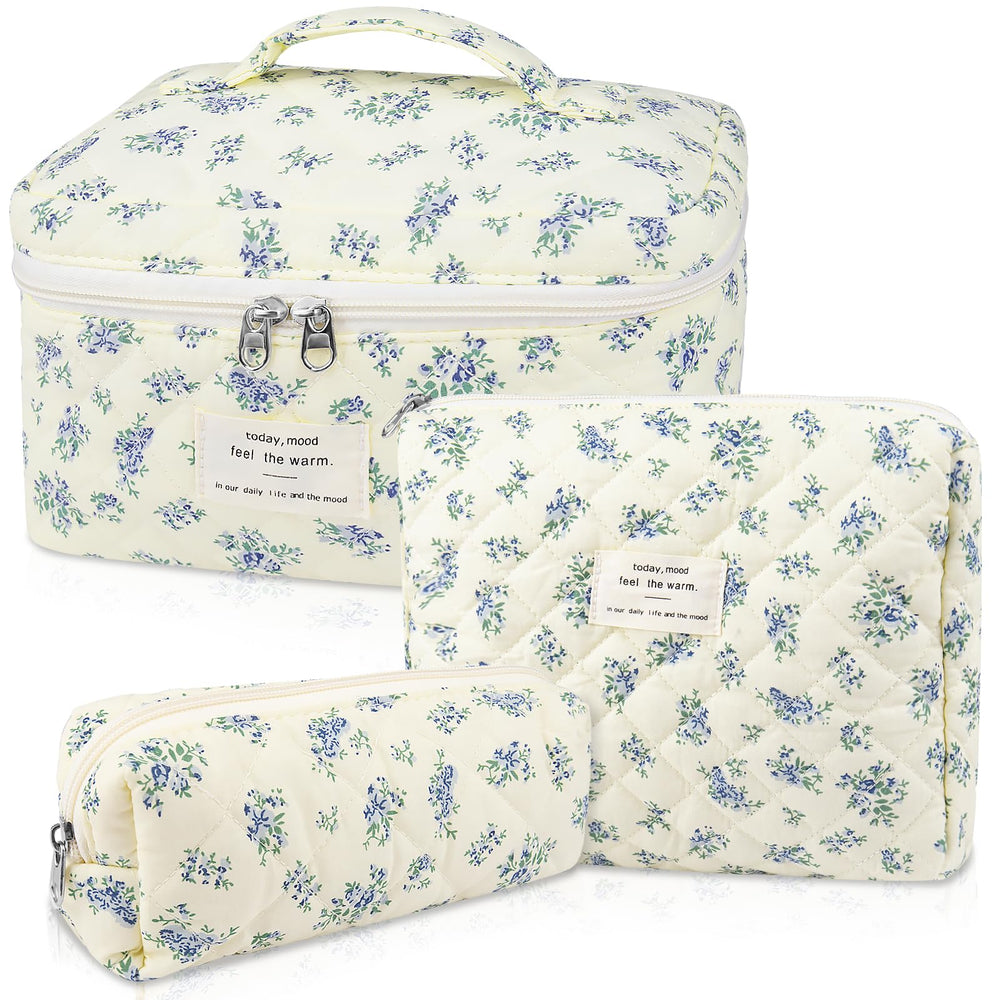 Gosect makeup bag set quilted floral Blue Floer front view for stylish travel organization