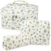 Gosect makeup bag set quilted floral Blue Floer front view for stylish travel organization