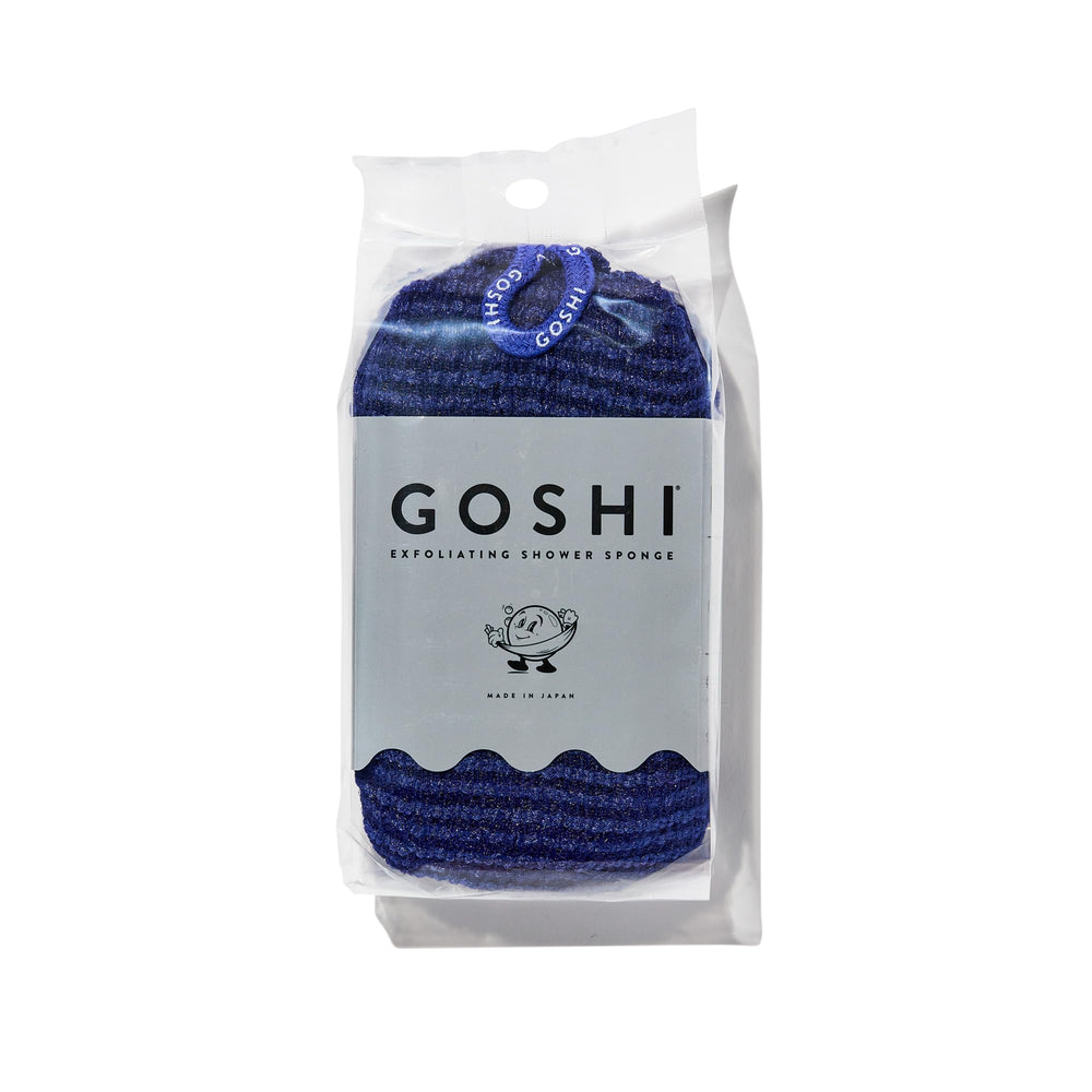 GOSHI Exfoliating Shower Sponge Indigo Blue textured fibers for gentle exfoliation.