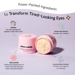 Grace & Stella eye cream ingredients niacinamide and caffeine for waking, refreshed appearance.
