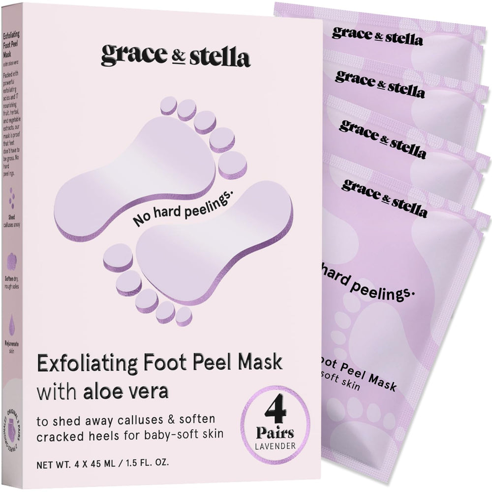 Grace & Stella foot peel mask lavender-packaging demonstrates convenient at-home care
