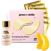 Grace & Stella gold eye patches packaging closeup highlights premium, gift-ready skincare.