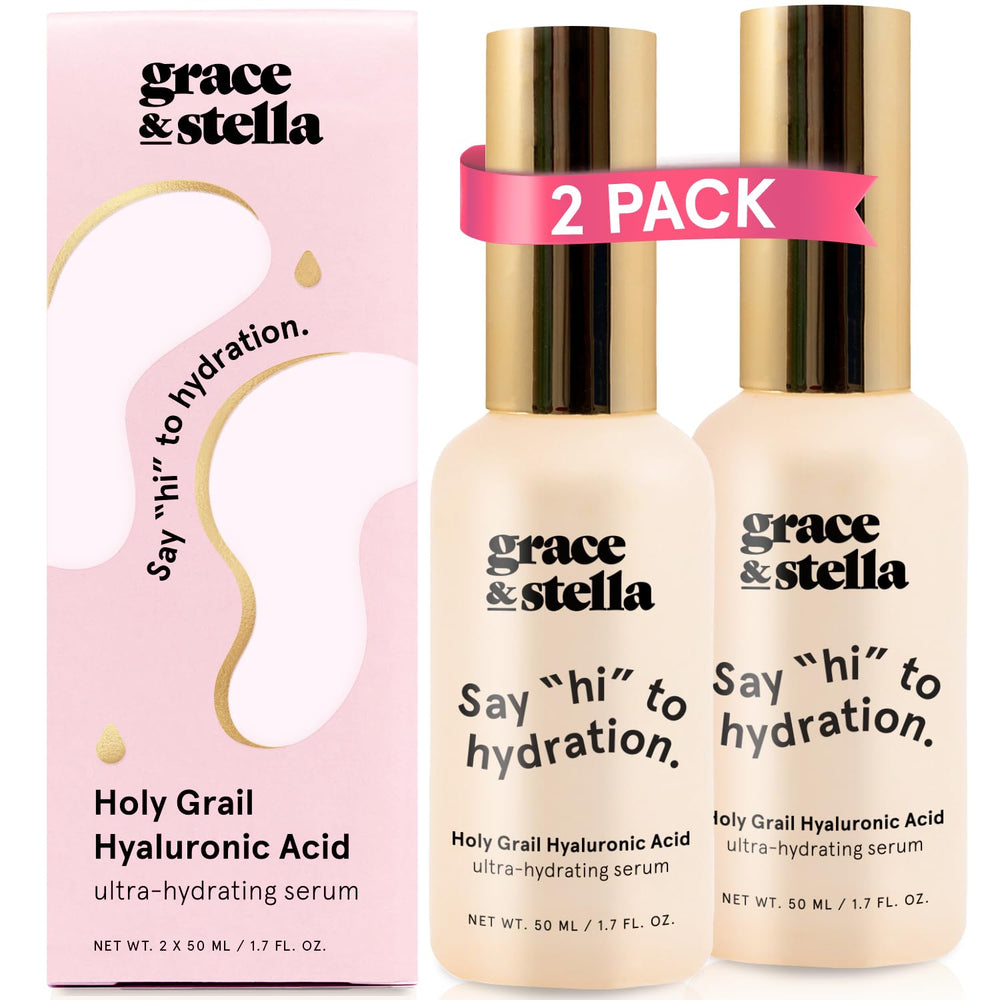 grace & stella hyaluronic acid serum bottle glow demonstrates hydrating plumping benefits for dewy skin