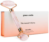 Grace & Stella Rose Quartz Roller closeup for soothing facial massage and lymphatic drainage.