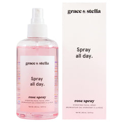 Grace & Stella Rose Water Spray front bottle showing vegan formula for glow