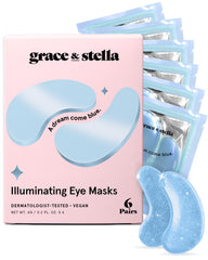 Grace & Stella under-eye mask blue packaging highlights depuffing and refreshing eye-care routine