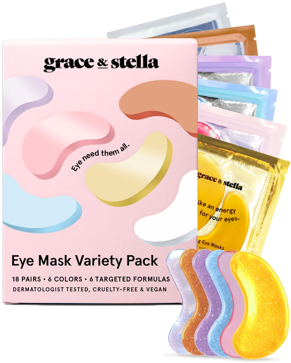 Grace & Stella gold under-eye patch closeup for depuffing and brightening during morning routine.