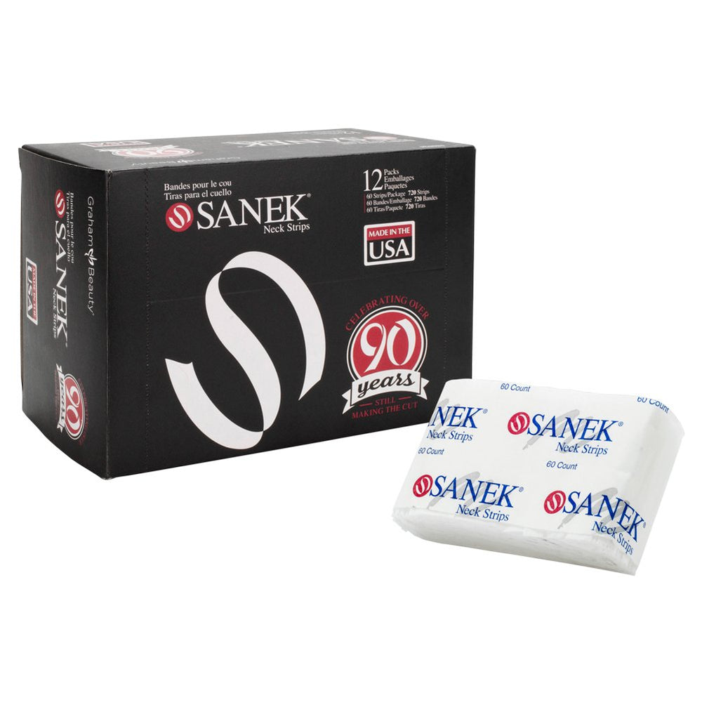 Graham Sanek Neck Strips packaging shows easy-to-use, absorbent tissue for cleaning and protecting neck area.