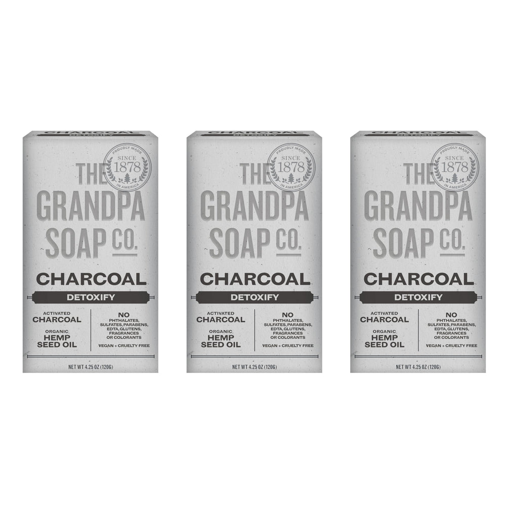 The Grandpa Soap Company charcoal bar box front highlights vegan detox cleanse for daily skin care