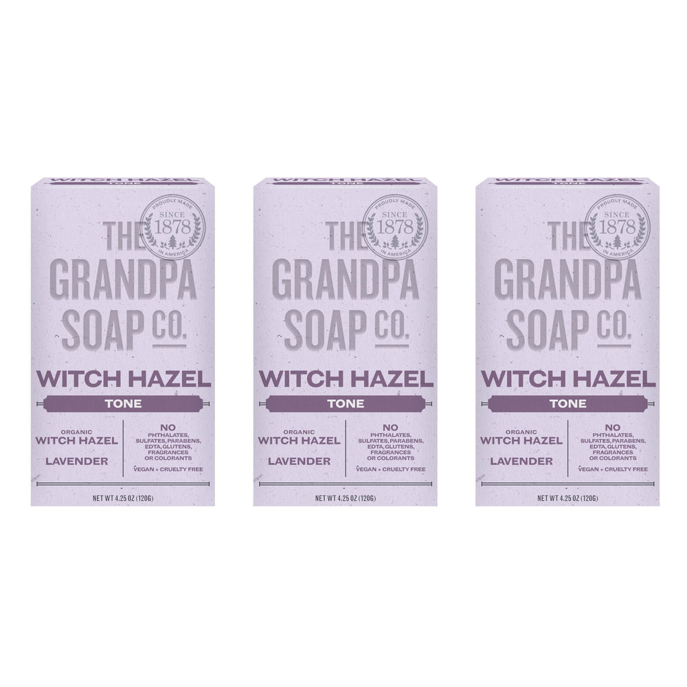 The Grandpa Soap Company Witch Hazel Bar Soap packaging highlights sustainability and cruelty free credentials