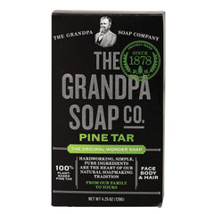 Grandpa's Pine Tar Soap pack of four bars on shelf for versatile cleansing.